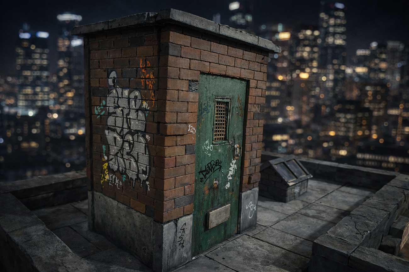 rooftop-exit realistic toy photography diorama
