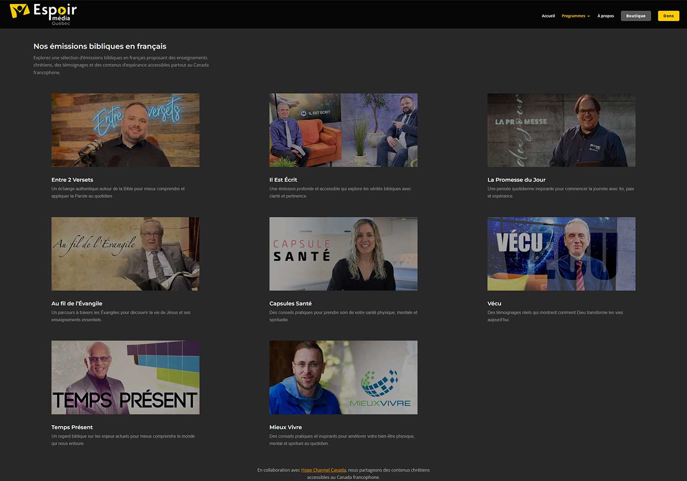 espoir-media-quebec-programs Espoir Media Christian programs website page